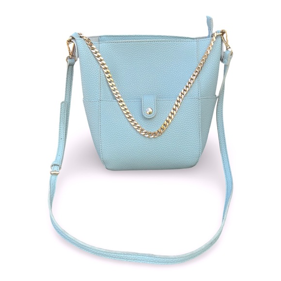 Fresh Light Blue Vegan Pebbled Light Blue Leather Bucket Bag w/ Crossbody Strap - Picture 1 of 7